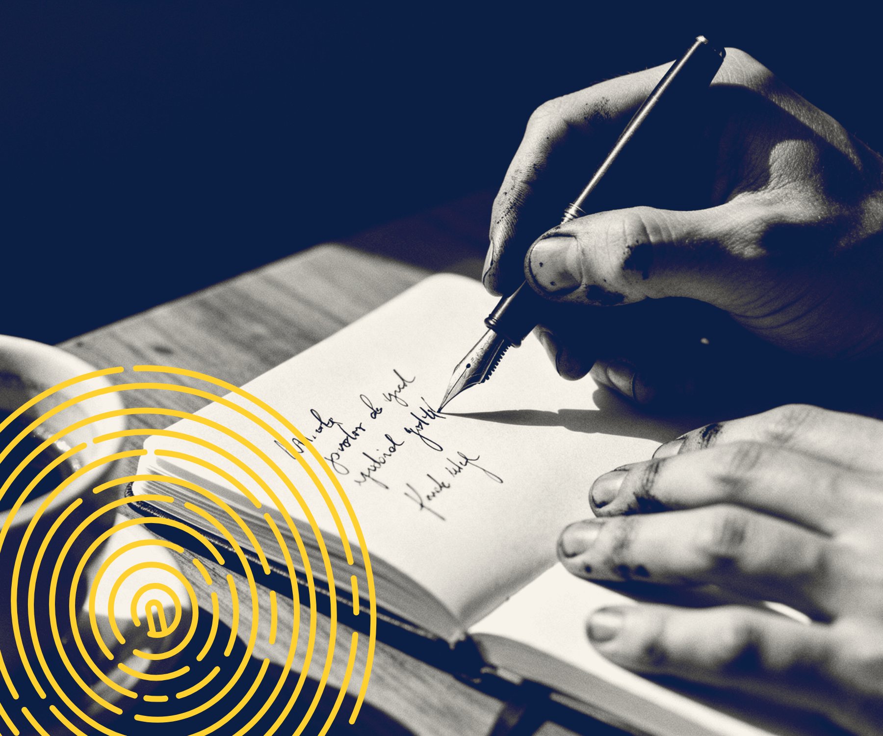 Main qui écrit à la plume dans un carnet, empreinte jaune dans le coin