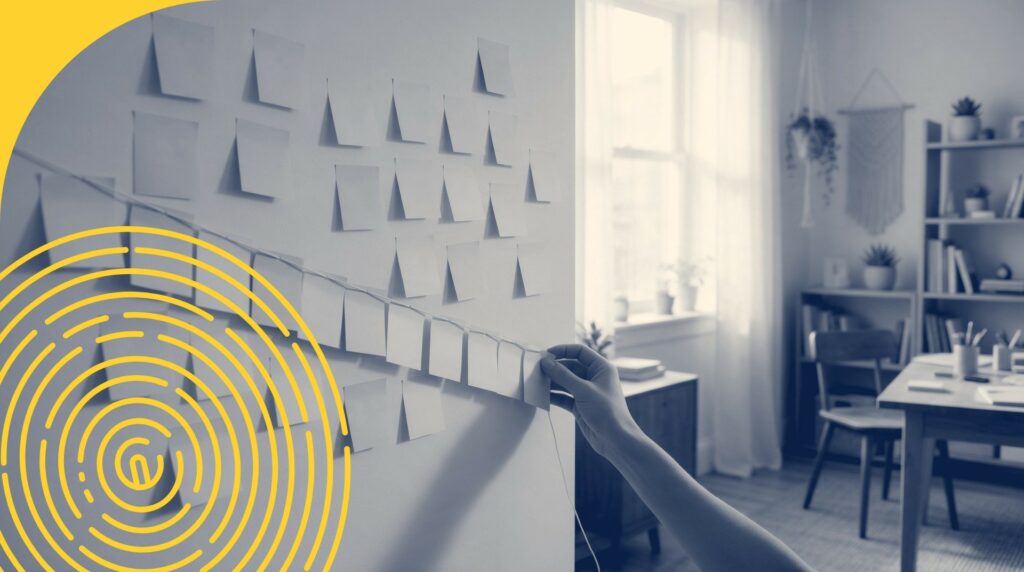 Notes autocollantes vierges disposées en séquence et reliées par un fil sur un mur, une main pose la dernière