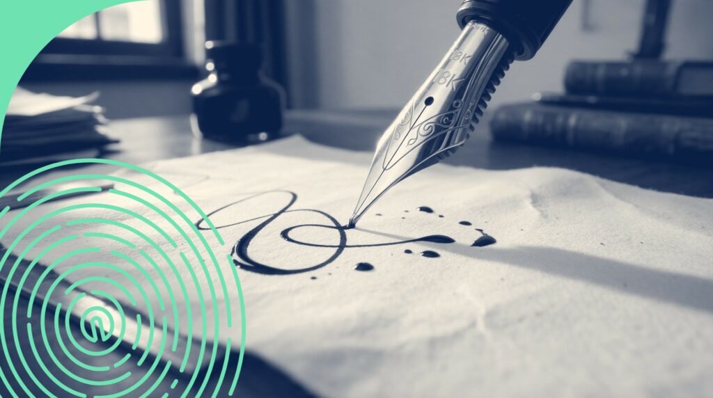 Gros plan d'une plume de stylo-plume qui trace un arabesque d'encre sur une page, lumière du matin