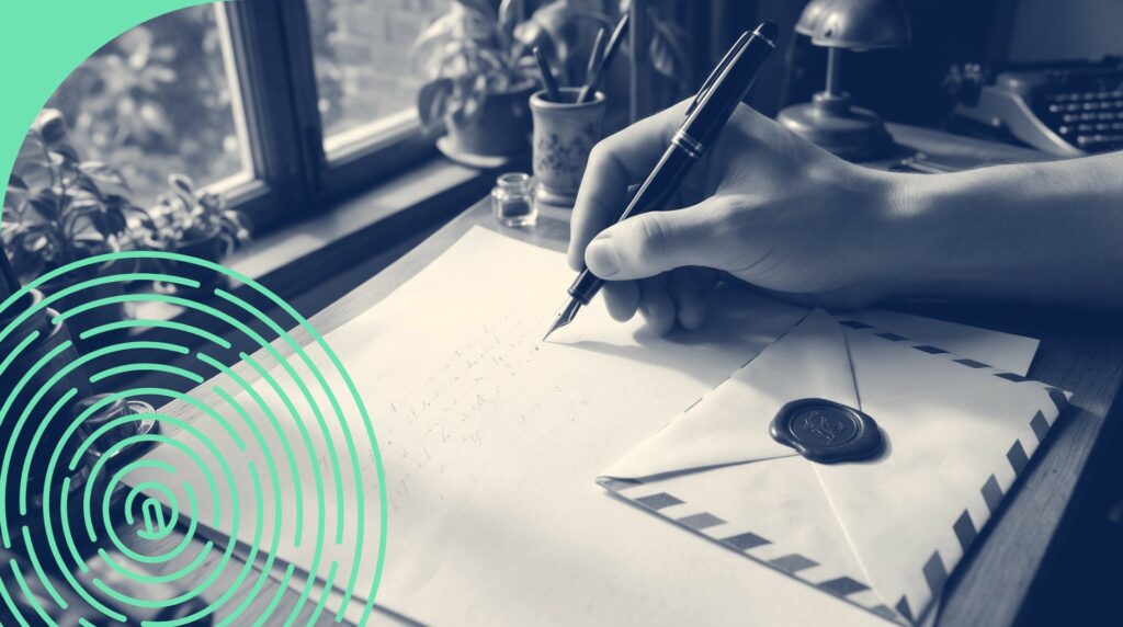 Main qui écrit une lettre au stylo-plume sur du papier crème, enveloppe et cachet de cire à côté