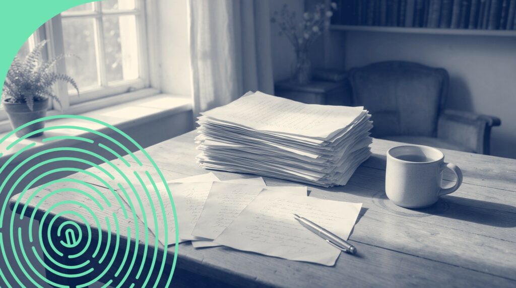 Pile de pages manuscrites, stylo et tasse sur une table de bois près d’une fenêtre