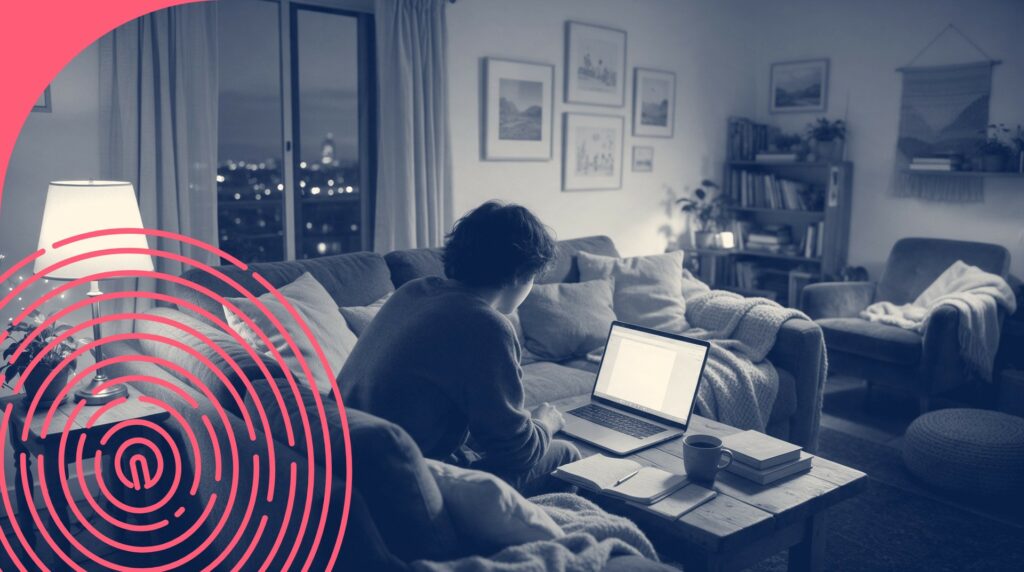 Personne vue de dos sur un canapé qui apprend sur un ordinateur portable, lampe chaude, soirée tranquille
