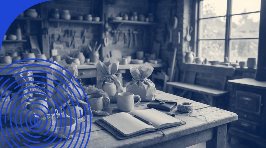 Atelier d'artisan avec des articles faits main emballés dans du papier kraft, un carnet et des tasses