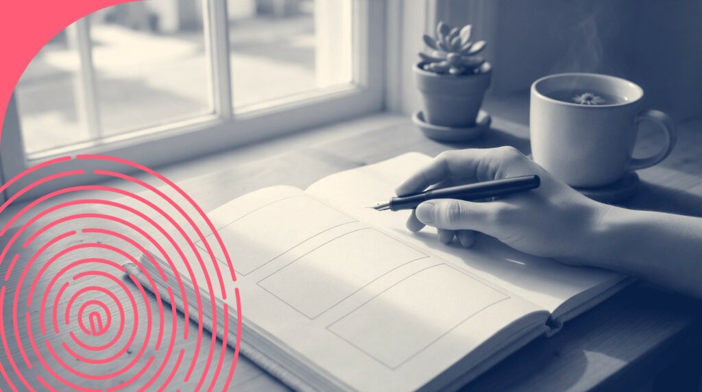 Main tenant un stylo au-dessus d'un carnet à trois colonnes vides sur un bureau en bois, avec une tasse de thé et une plante