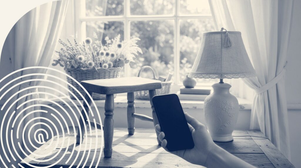 Main qui photographie avec un téléphone un petit tabouret en bois et une lampe en céramique près d'une fenêtre