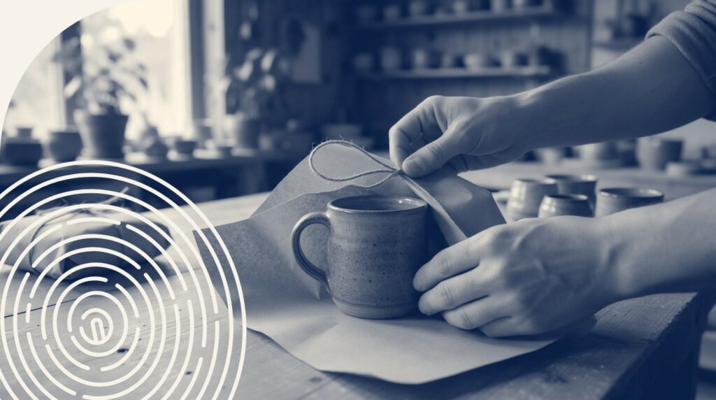 Mains d'une artisane qui emballent une tasse en céramique faite main dans du papier kraft, petits colis ficelés sur l'établi