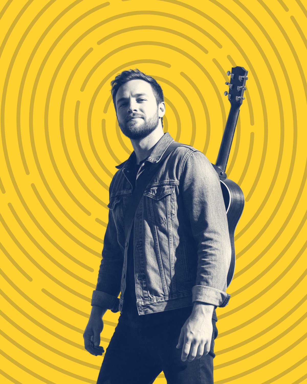 Musicien, guitare dans le dos, devant une empreinte sur fond jaune