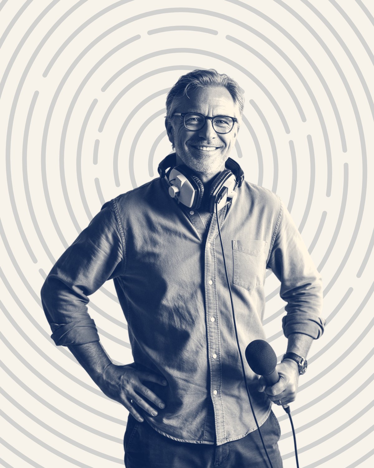 Animateur de balado avec casque et micro, devant une empreinte sur fond clair